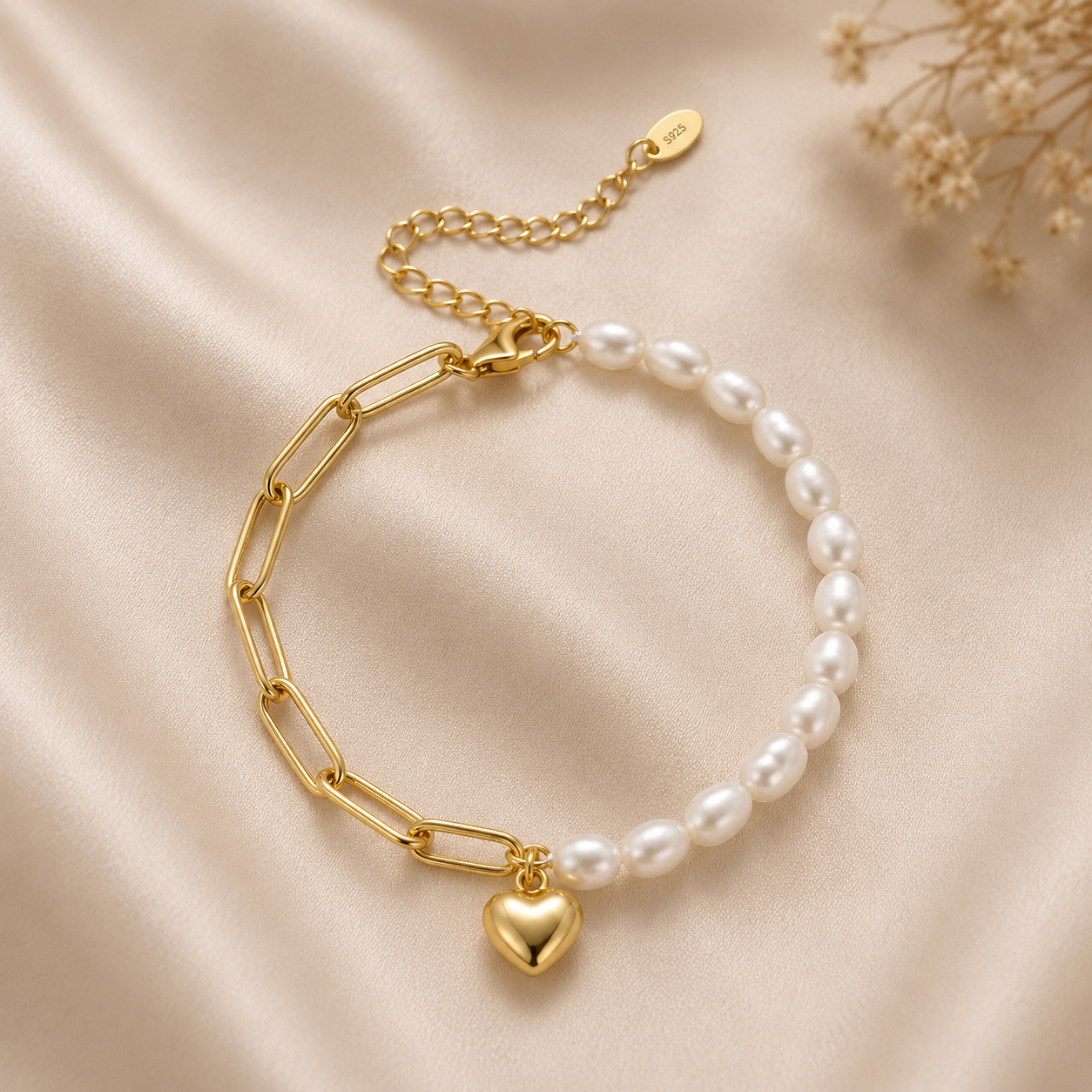 Pulsera de plata bañada en oro con perlas naturales